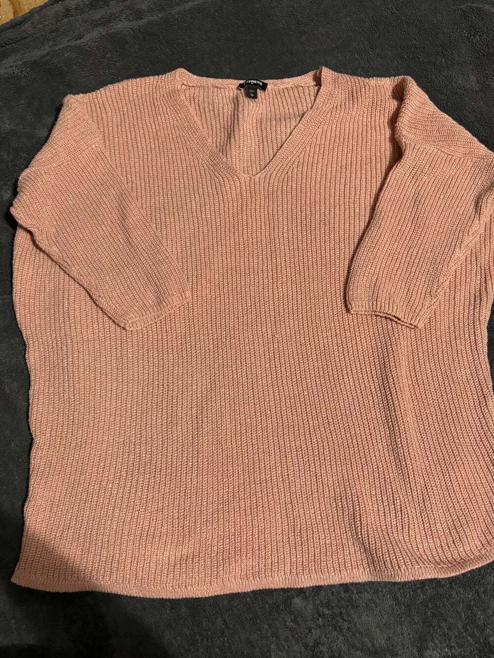 Express Women's Pink Ribbed Knit V-Neck Sweater 3/4 Sleeve XL